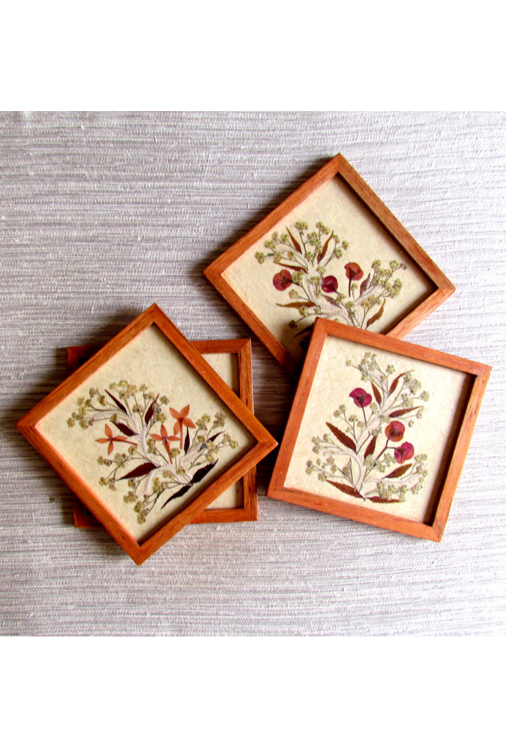 Cherryflowers Off White Wood and Handpressed Leaves Coasters - set of 4